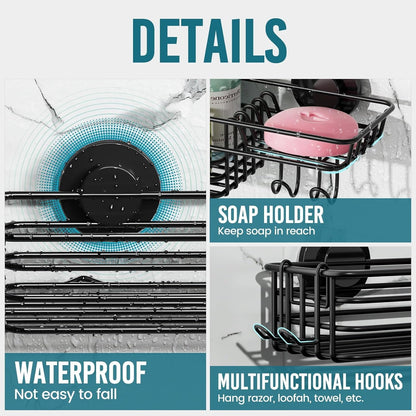 Shower Caddy Suction Cup with Hooks and Soap Holder, Black8
