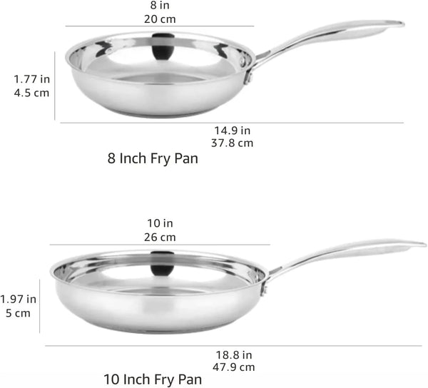 Stainless Steel Frying Pan Set, Induction Compatible Skillet, Oven Safe, Heat Distributes Evenly, 8-Inch & 10-Inch, 2-Piece5