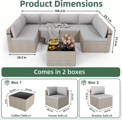 7-Piece Outdoor Sectional Sofa Set, Weather-Resistant Patio Furniture Set with Washable Cushions and Coffee Table, Grey Rattan Patio Conversation Set for Poolside, Backyard, Deck (Grey)8