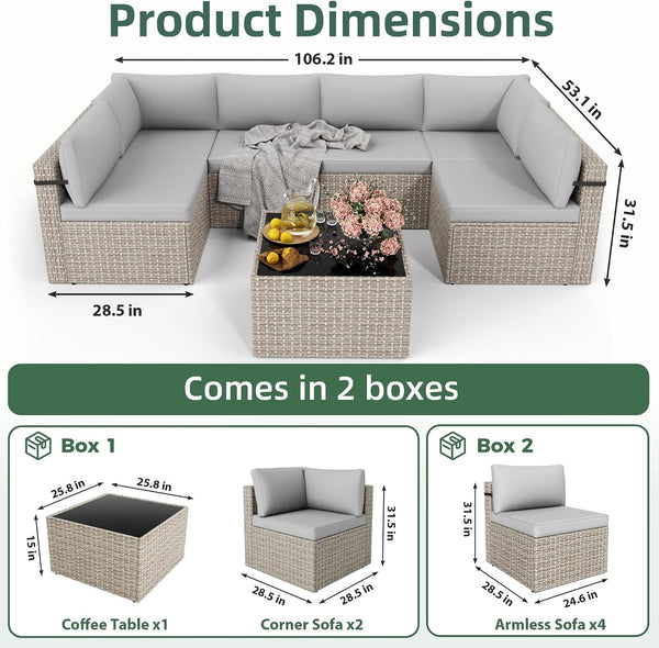 7-Piece Outdoor Sectional Sofa Set, Weather-Resistant Patio Furniture Set with Washable Cushions and Coffee Table, Grey Rattan Patio Conversation Set for Poolside, Backyard, Deck (Grey)8