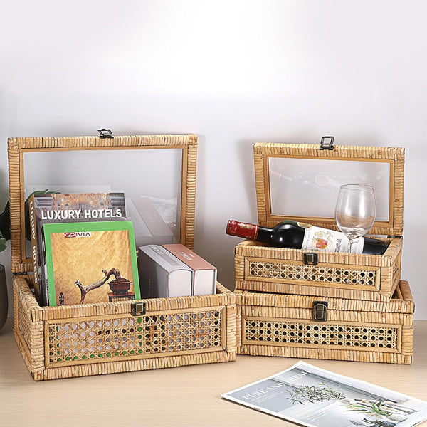Rattan Display Box with Clear Lid Rectangular Wicker Storage Basket6
