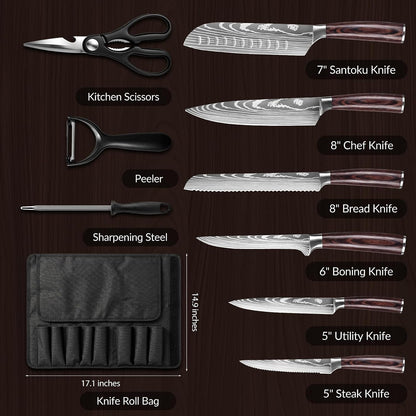Kitchen Knife Set, 9 Pieces High Carbon Stainless Steel Chef Knife Set | Japanese Kitchen Knives Set with Roll Bag, Ergonomic Handle Dishwasher Safe Knives Set for Kitchen, Camping, Outdoor BBQ7