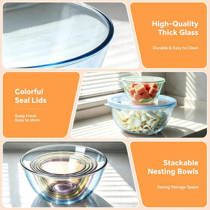 5 Pack Glass Mixing Bowls with Lids Set(4.78Qt,2.2Qt,1.7Qt,1.1Qt,0.85Qt)5