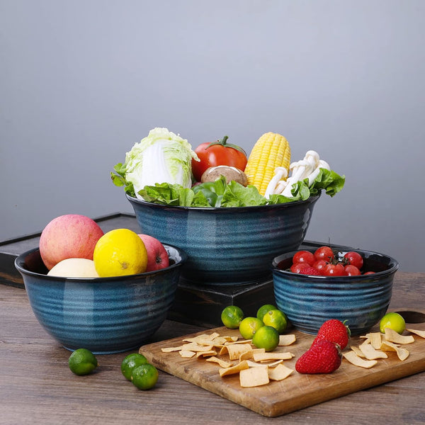 Ceramic Mixing Bowls Set for Kitchen, Handmade Serving Dishes for Entertaining, 2.1/1.0/0.5 Qt Deep Microwave Safe Nesting Bowls for Storage and Baking, Blue9