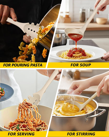 Silicone Pasta Fork and Soup Ladle Set, Heat Resistant Non Stick Kitchen Utensils with Back Hooks, Suitable for Cooking, Stirring, Serving Spaghetti, Soup, Sauce(Khaki)5