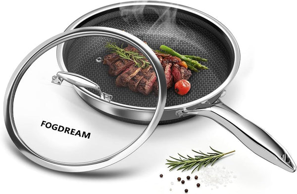 10 Inch Nonstick Frying Pan with Lid, Honeycomb Hybrid Stainless Steel Skillet, Tri-Ply Induction Compatible, Non Toxic Frying Pan, Oven Safe, Dishwasher Safe, Silver1