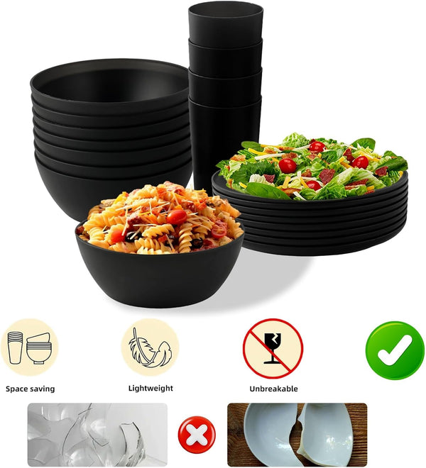 24Pcs Matte Black Dinnerware Set, Plates Bowls & Cups, Unbreakable Dishes for 8, Reusable Bpa‑Free Tableware, Dishwasher Safe for Kitchen Party Picnic Camping, Bonus Cutlery Set Included4