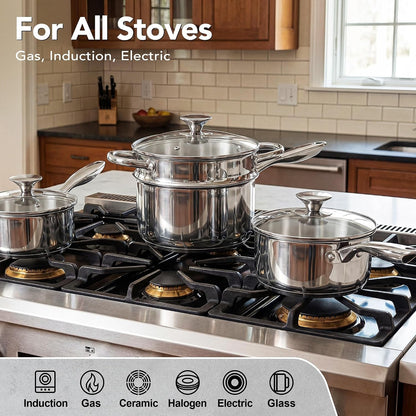 Stainless Steel Saucepan Set with Lids 1QT & 2QT & 3QT, Stainless Steel Sauce Pot Set 6Pcs, Induction Saucepans, Nonstick Sauce Pan Set, Dishwasher Safe5