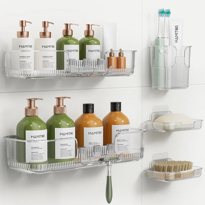 Adhesive Shower Caddy: 5 Pack Rustproof & Strong Adhesive Bathroom Organizers with Large Capacity, No-Drill Quick Installation - Space-Saving Storage Shelves for Renters & Home Decor - Clear1