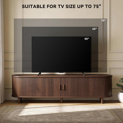 65" Mid Century Modern TV Stand with Power Outlet, Fluted Entertainment Center with Storage and Adjustable Shelves, Wood TV Console with Sliding Doors for Living Room, Walnut7