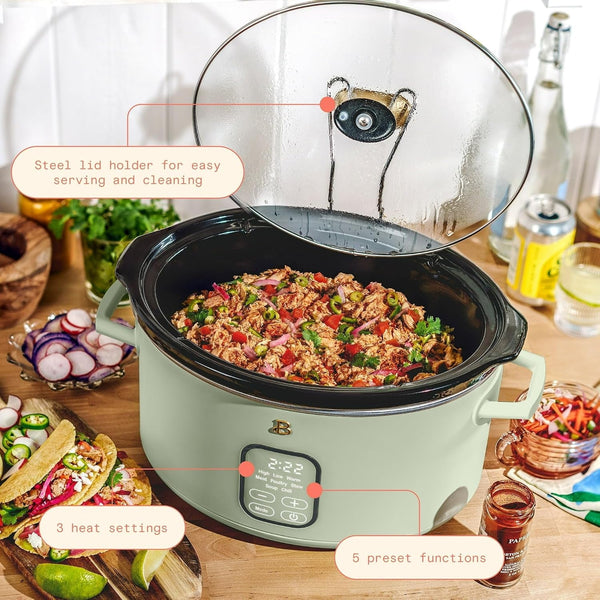 6 Quart Programmable Slow Cooker with 24-Hour Timer & Auto Warm, 5 Presets for Meat Poultry Stew Soup Chili, Dishwasher Safe Ceramic Pot & Glass Lid, Digital Display (Sage Green)7