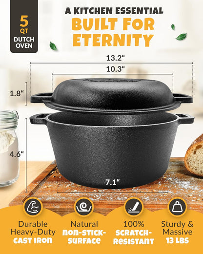 5 QT Pre-Seasoned Dutch Oven for Bread Baking with Lid and Kit | Dutch Oven for Sourdough Bread Baking and Supplies Incl. Banneton, Bread Sling, Lame, Dough Whisk & Guide, Cast Iron Pot Set3