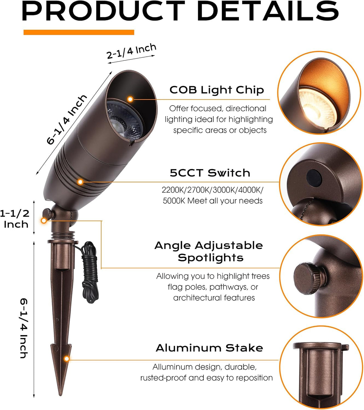 9w-5cct-led-landscape-lighting-low-voltage-ac-dc-12v-outdoor-spotlights-with-spike-stand-waterproof-pathway-lights-2200k-2700k-3000k-4000k-5000k-selectable-pack-of-4-bronze