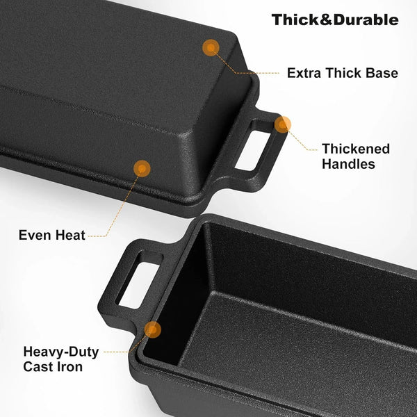 9×5 Inch Cast Iron Loaf Pan with Lid, 2 Pack Bread Pans for Baking | Premium Cast Iron Loaf Pan & Bread Pan Set Evenly Distributes Heat for Crisp Bread Crusts. Multi-Cooker Compatible3