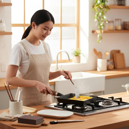 Japanese Cast Iron Tamagoyaki Pan - Pre-Seasoned, Liquid Nitrogen Treated, Non-Rust, Ready to Use, Detachable Wood Handle, Oven Safe, for Omelets, Steak & Camping, Chemical-Free Non-Stick,9X7 Inch5