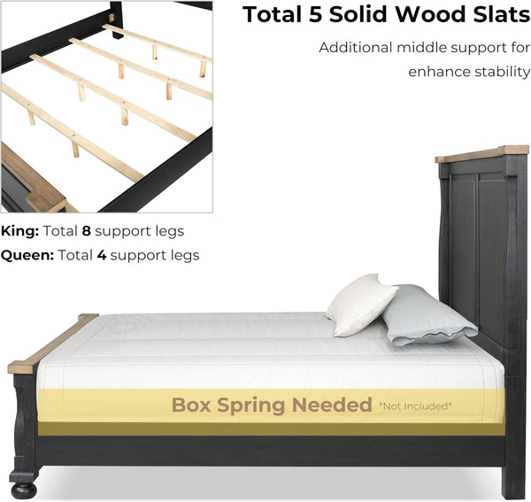 Narella Modern Farmhouse Solid Wood Bed Frame with Panel Headboard, Wooden Bedframe for Bedroom, Guest Room, Box Spring Required, Black/Rustic Oak, Queen4