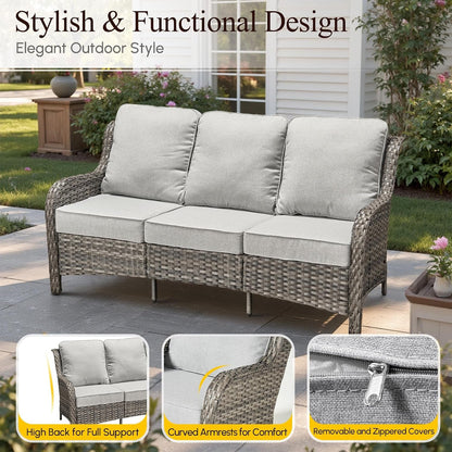 5 Pieces Outdoor Patio Furniture Set,Wicker Conversation Set with Tall Back Couch Swivel Chairs and Solar Table,Gray Wicker/Gray Cushion7