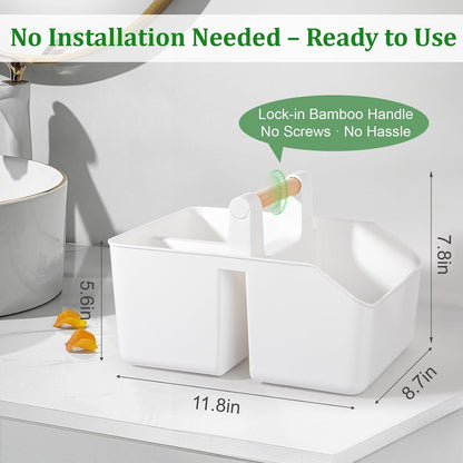 Plastic Shower Caddy, Portable Basket with Bamboo Handle, White3