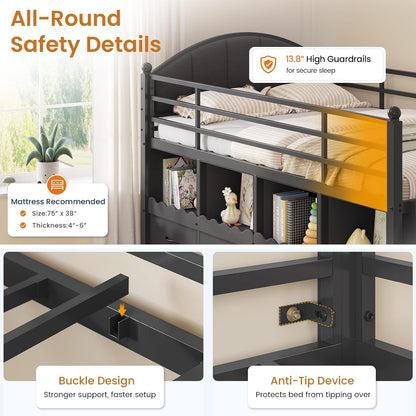 Low Loft Bed Twin Size with 8 Drawers, 4 Bookcase & LED Lights,Black6