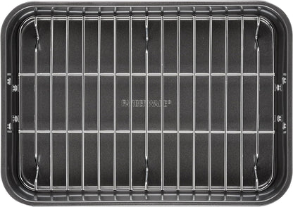 Bakeware Nonstick Roaster with Flat Rack, Roasting Pan with Rack for Home Cooking, 11-Inch X 15-Inch, Gray10