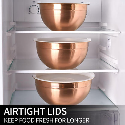 Rose Gold Mixing Bowls with Lids Set of 7, Stainless Steel Nesting Bowl with Khaki Lid for Non-Slip Mixing Prepping Storing Serving, 7 Sizes-7/3.6/2.7/2.1/1.5/1/0.8 QT7