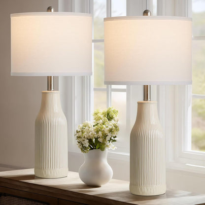 24.5" Ceramic Table Lamps Set of 2, Modern Farmhouse Bedside Lamps for Bedroom Nightstand, Small Table Lamp for Living Room End Table, Beige (2 LED Bulbs Included)1