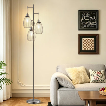 Dimmable Floor Lamp, 3 X 800LM LED Edison Bulbs Included, Industrial Floor Lamp Standing Tree Lamp with Elegant Teardrop Cage Heads Tall Lamps for Living Room Bedroom-Brushed Nickel1
