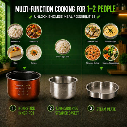 Low Carb Rice Cooker 2-Cup Uncooked Mini Multicooker with Steamer | 1.2L Mini Rice Cooker Portable 7-In-1 Rice Maker with Non-Stick Pot 24H Timer Auto Keep Warm Stainless Steel Steamer3