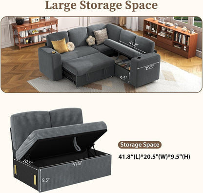 Sectional Sleeper Sofa with Pull Out Couch Bed, 5 Seats Modular L Shaped Cloud Couch with Storage Chaise, Dual Arm Storage & USB Charging, Adjustable Backrest Sofa, Grey Corduroy7
