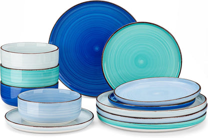 Bonita Blue Dinnerware Sets, Plates and Bowls Set for 4, 12 Pieces Stoneware Dinnerware Set, Dishwasher and Microwave Safe1