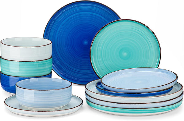 Bonita Blue Dinnerware Sets, Plates and Bowls Set for 4, 12 Pieces Stoneware Dinnerware Set, Dishwasher and Microwave Safe1