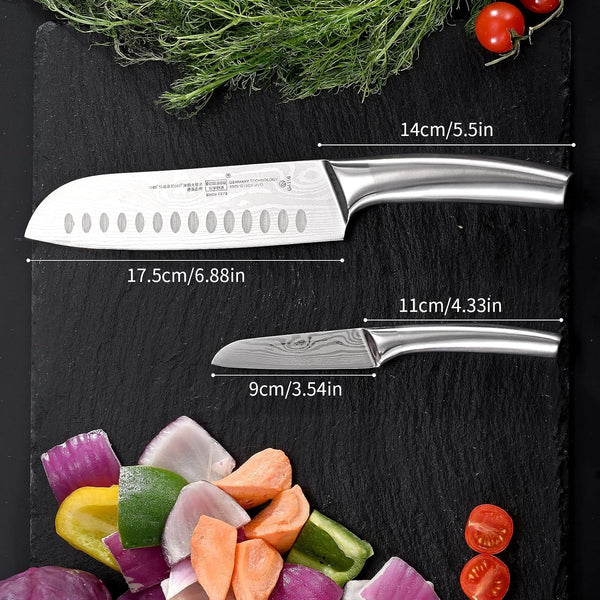 Santoku Knife and Fruit Knife Damascus Pattern Kitchen Knives Set Stainless Steel Japanese Chef Knife Paring Knives with Hollow Handle7