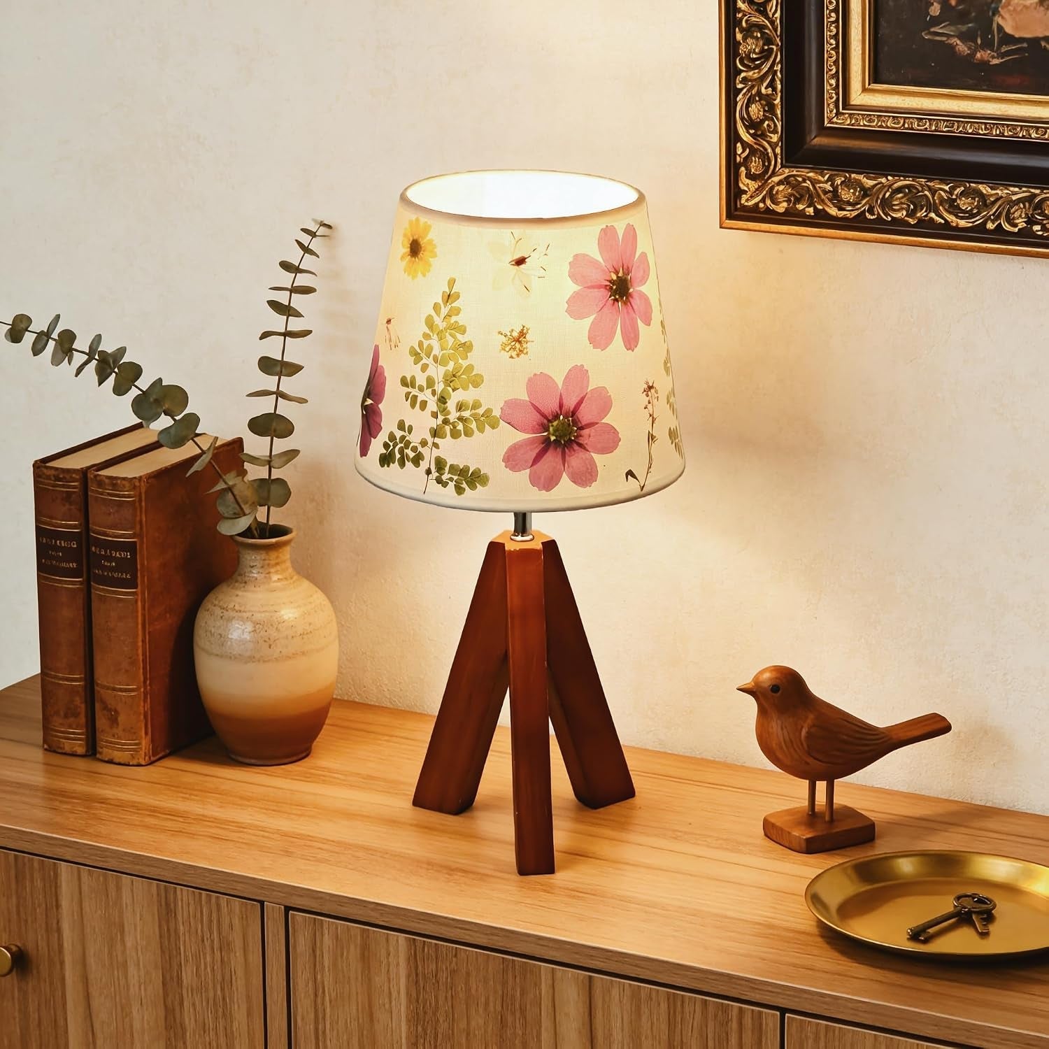 dried-flowers-tripod-table-lamp-14-17in-9w-led-dimmable-cute-bedside-lamp-with-flowers-linen-lampshade-for-nursery-bedroom-kid-room-living-room-light-brown-wooden-base