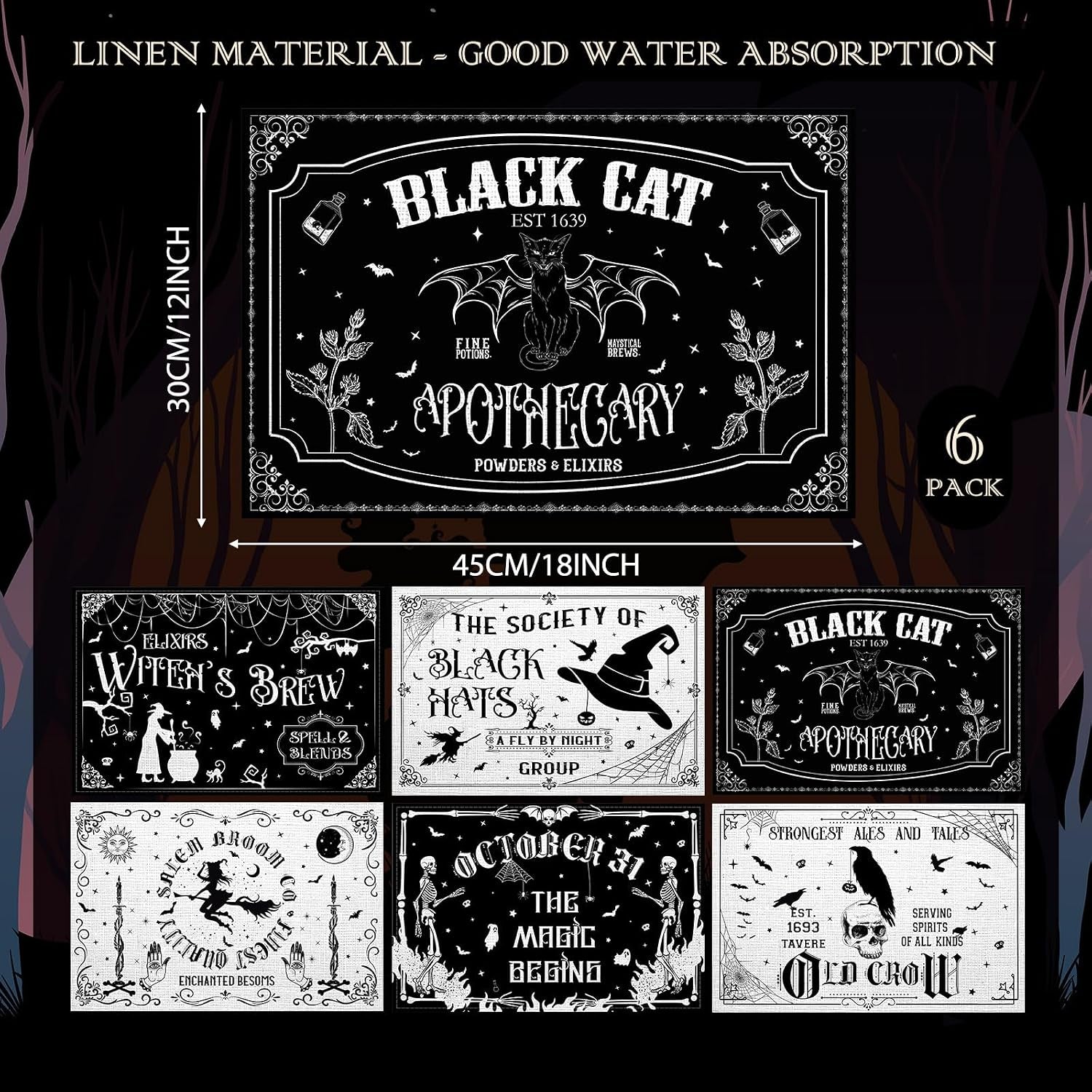 6-pcs-halloween-placemats-12x18-gothic-bat-placemats-kitchen-decoration-washable-witch-place-mats-rectangle-skull-table-mats-for-halloween-dining-table-accessoriesblack-white-character-style
