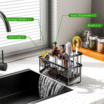 Extra Large Kitchen Sink Caddy Organzier with High Brush Holder, Sponge Holder for Sink, 304 Rustproof Stainless, Kitchen Countertop Soap Dispenser Organizer for Decor and Accessories5