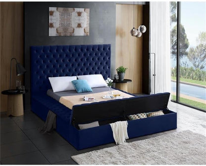 King Bed, Solid Wood Frame, Navy Tufted Velvet Fabric, 96" W X 98" D X 60.5" H, Storage Rails, Footboard, Full Slats, Modern Style Bedroom Furniture5