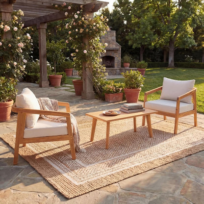 Sures Acacia Wood Club Chair and Coffee Table Set, 3 Piece Patio Bistro Set, Solid Wood Outdoor Patio Furniture Set with Center Table, Natural+Beige1