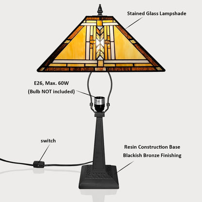 Tiffany Lamp Mission Style Stained Glass Table Lamp 12" Desk Light | Antique Style Mideium Size Nightstand Bedside Reading Lamp for Living Room Bedroom Office W12" X H19"7