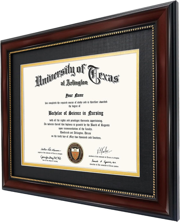 8.5X11 Diploma Frame with Black over Gold Mat or Display 11X14 Document without Mat, UV Protection Acrylic, Mahogany with Gold Beads3
