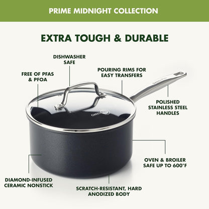Prime Chatham 1QT & 2QT Saucepan Pot Set with Glass Lids, Hard Anodized Diamond Infused Ceramic Nonstick, Pfas-Free, Dishwasher Safe, Oven Safe, Multipurpose Chefs Pan, Stay-Cool Handle,Black4