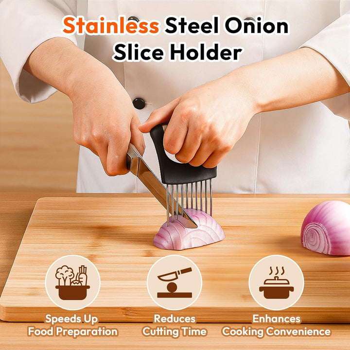 Onion Slicer, Stainless Steel Onion Holder for Slicing with Protective Case, Onion Cutter Tool for Meat Lemon Potato Tomato Avocado Egg Kitchen Slicing Assistant Tool (1 PCS)+2