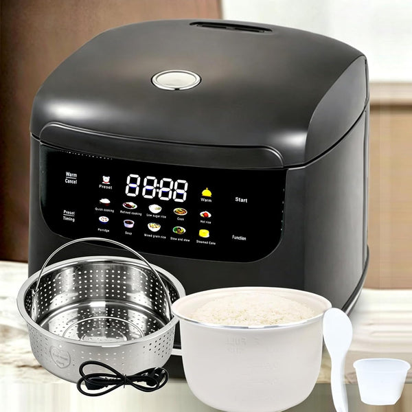 Small Stainless Steel Low Carb Rice Cooker 2L,6 Cups Cooked/3 Cups Uncooked | 400W Non-Stick Ceramic Rice Maker,24 Hours Timer Delay,10 Functions,Fast Cooker,Auto Keep Warm,Black1