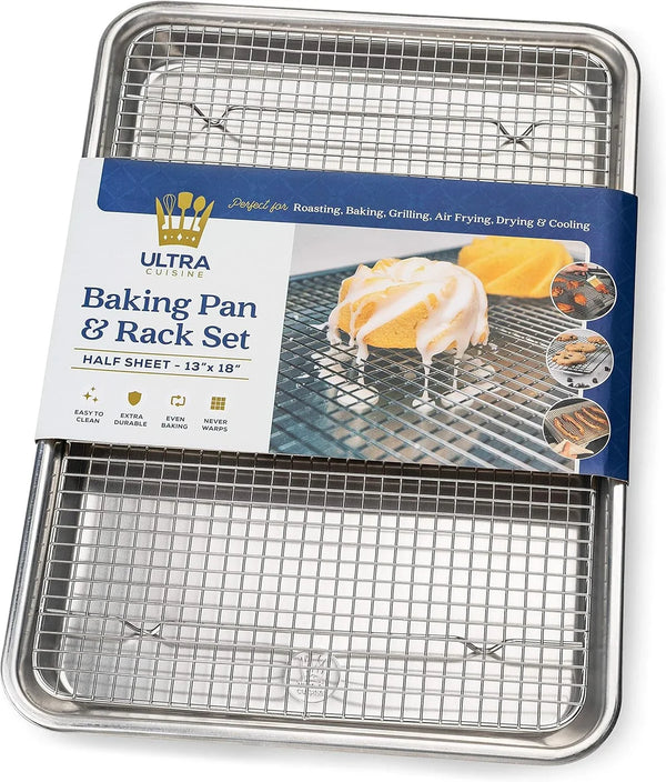 Aluminum Baking Sheet with Cooling Rack Set, 13'' X 18'' | 100% Stainless Steel Rack, Oven Safe, Half Sheet Size Pan, Durable Rimmed Sides, Easy Clean, Commercial Quality for Cooking1