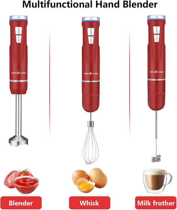 Cordless Immersion Blender, 3-In-1 Handheld Stick Blender | Rechargeable Electric Mixer Set with Whisk & Milk Frother, 8-Speed Hand Blender for Shakes, Soups, Coffee, Zero BPA (Red)7