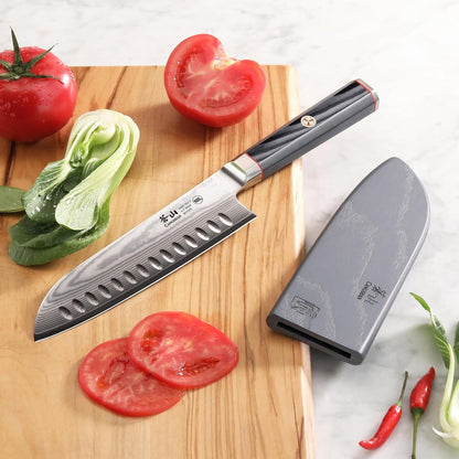 YARI Series X-7 Damascus Steel 7-Inch Santoku Knife with Sheath5