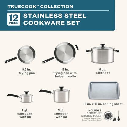 Truecook Stainless Steel Cookware Set, 12-Piece, Silver | Premium Stainless Steel Pots and Pans Set, Dishwasher Safe, Oven Safe to 350°F, Compatible with Gas, Electric, & Induction3
