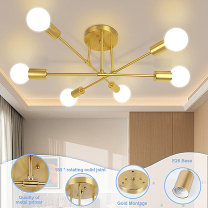 Modern Sputnik Chandelier, 6-Lights Ceiling Light Fixtures Gold6