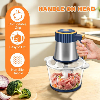Food Processor, 5 Speed Meat Grinder with 2 Bowls(8 Cup+8 Cup), Blue | 4 Bi-Level Blades Electric Food Chopper, Mini Kitchen Cutter for Vegetable Onion Garlic Meat4
