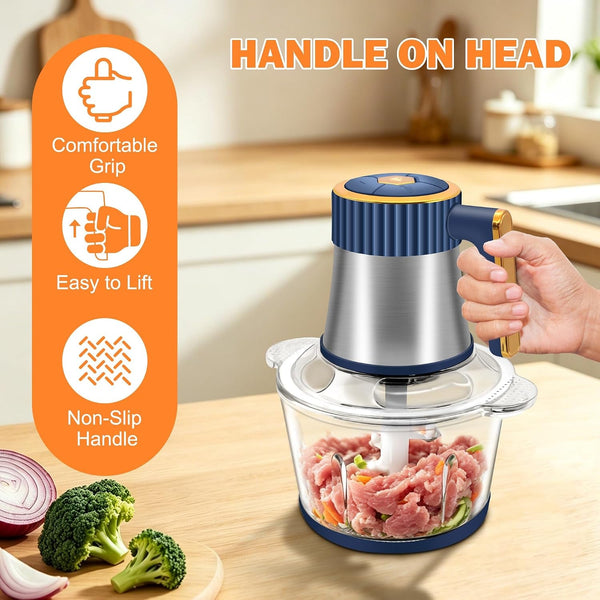 Food Processor, 5 Speed Meat Grinder with 2 Bowls(8 Cup+8 Cup), Blue | 4 Bi-Level Blades Electric Food Chopper, Mini Kitchen Cutter for Vegetable Onion Garlic Meat4