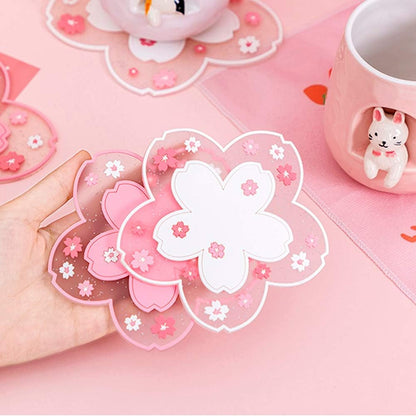 Sakura Coffee Cup Mat Kawaii Coaster 2PCS Cute Cherry Blossom PVC Home Tea Mug Pink Flower Pattern Anti-Skid Pot Bowl Pad Placemat for Desk Drink Table Decor Kawaii Accessories (Small)5
